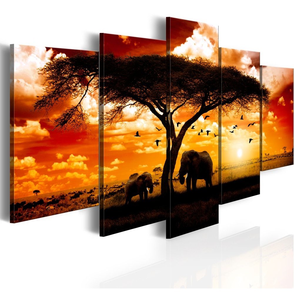 tableau 5 panneaux savane éléphant baobab (GiFi-804930X)