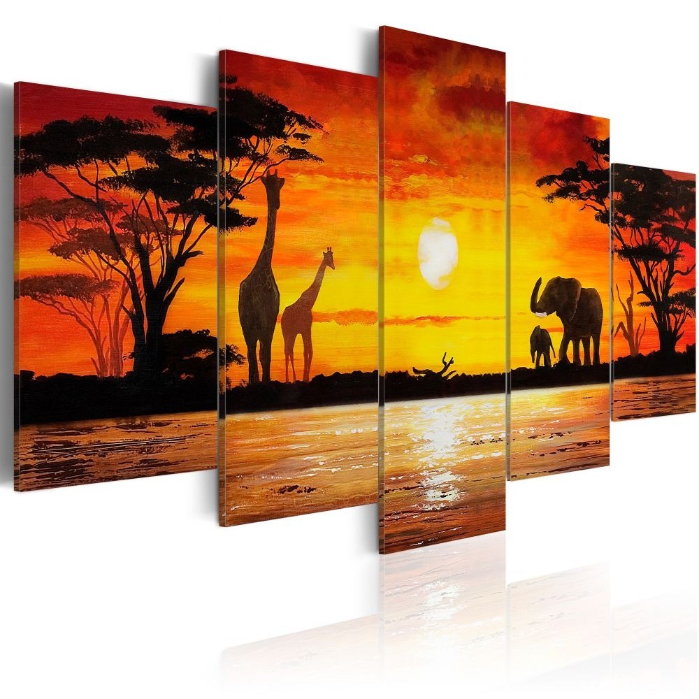 tableau 5 panneaux savane éléphant girafe (GiFi-804953X)