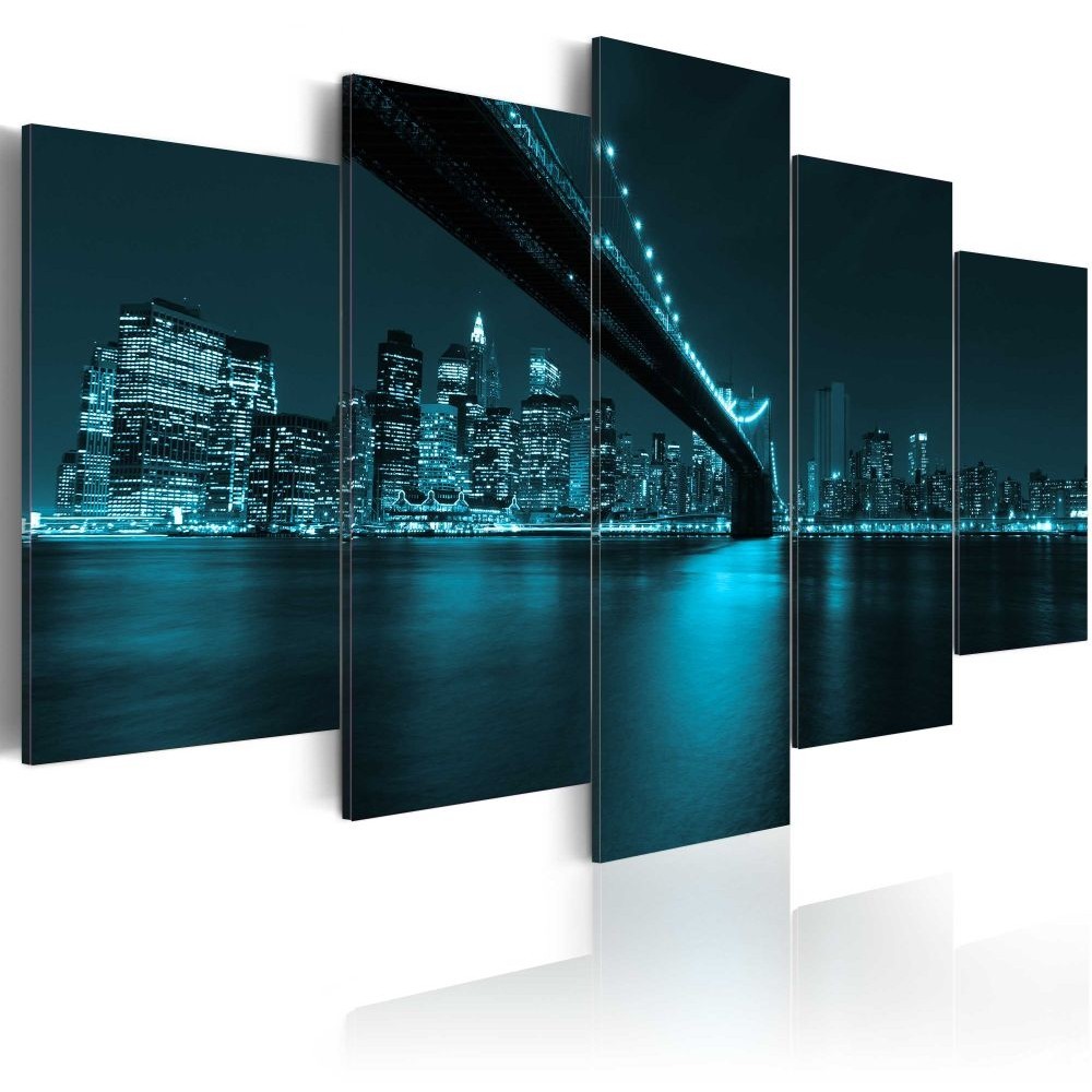 tableau 5 panneaux pont de new york bleu (GiFi-804962X)