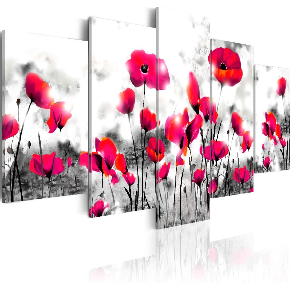tableau 5 panneaux coquelicots roses fond noir et blanc (GiFi-806392X)