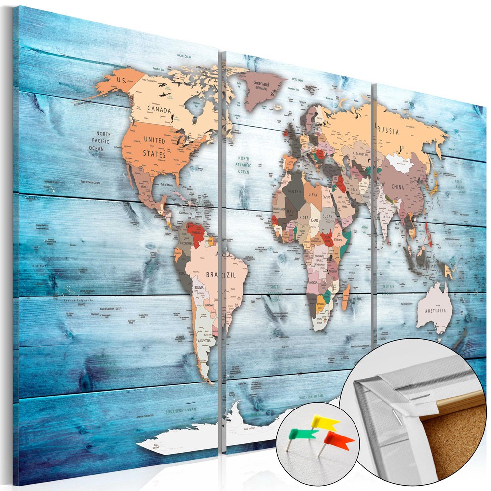 tableau en liège triptyque carte du monde voyages saphir (GiFi-810034X)