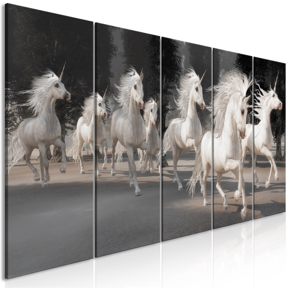 tableau 5 panneaux licornes blanches unicorns run narrow (GiFi-814310X)