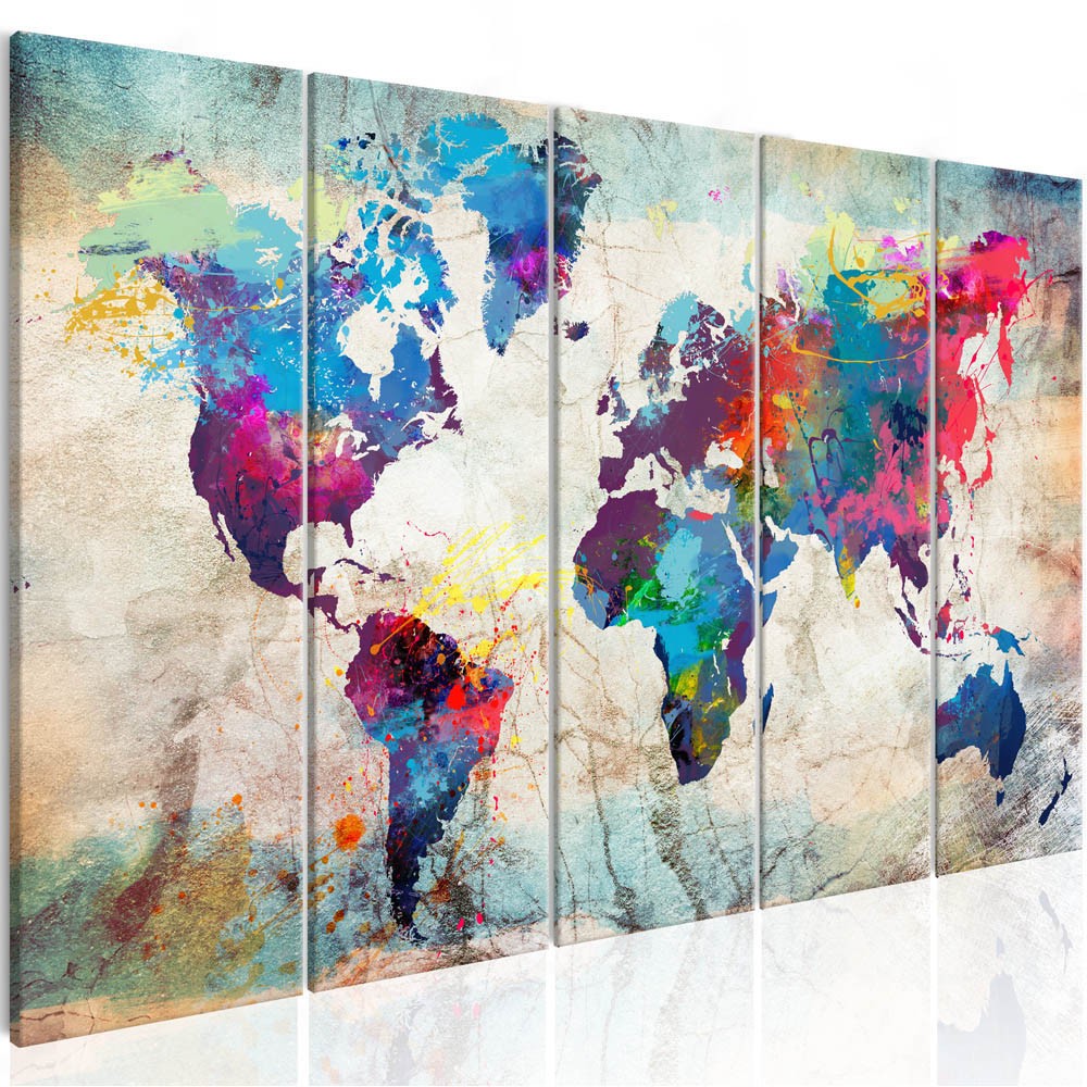 tableau 5 panneaux carte du monde effet peinture projetée (GiFi-815558X)