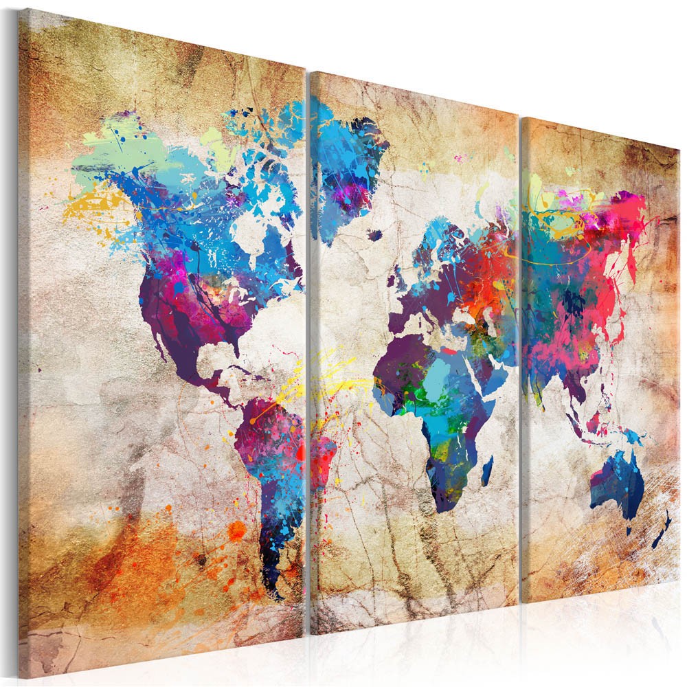 tableau 3 panneaux carte du monde effet peinture projetée (GiFi-815585X)