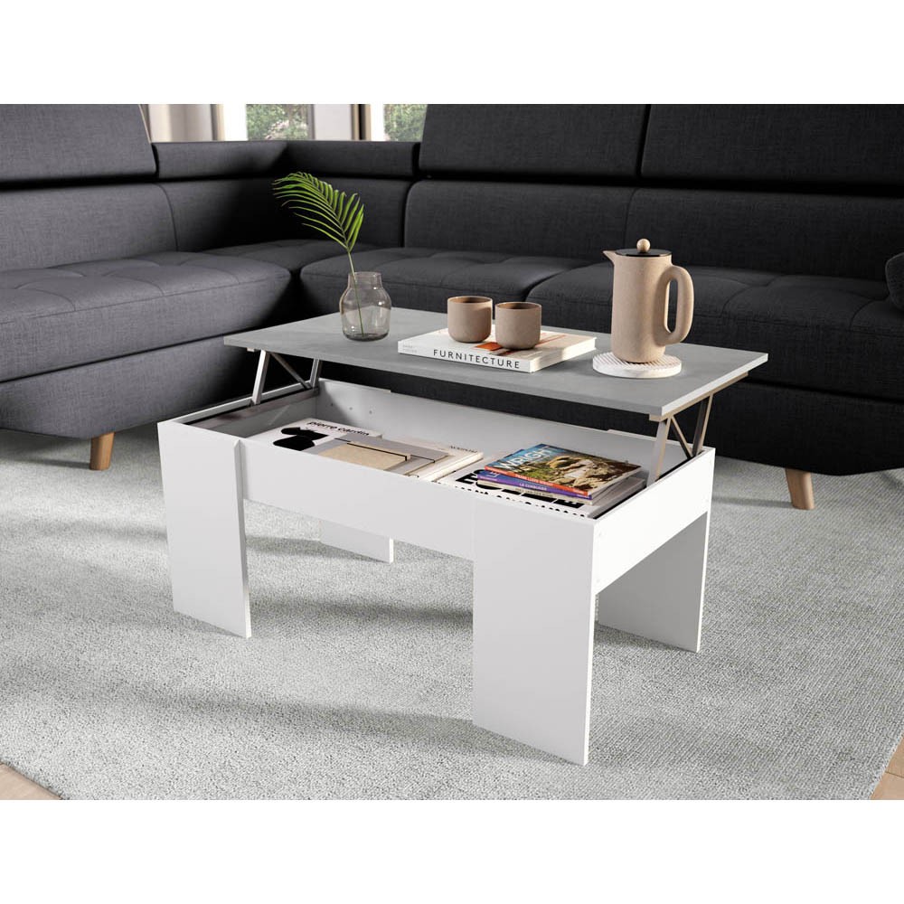 table basse blanche avec plateau relevable aspect béton (GiFi-815907X)