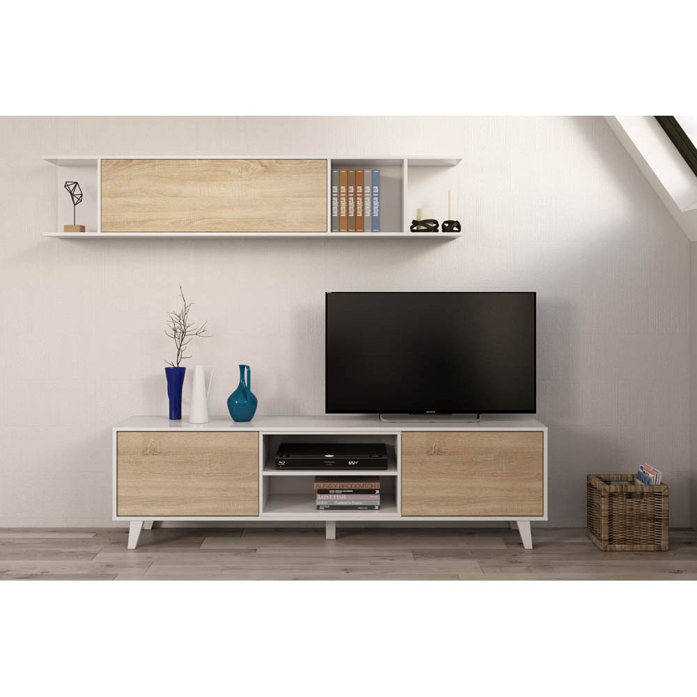 meuble tv 2 portes 2 niches et étagère murale blanc bois (GiFi-818253X)