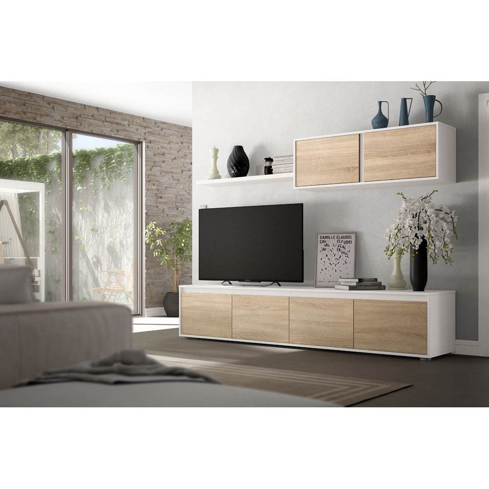 meuble tv 4 portes et étagère murale 2 portes blanc bois (GiFi-818254X)