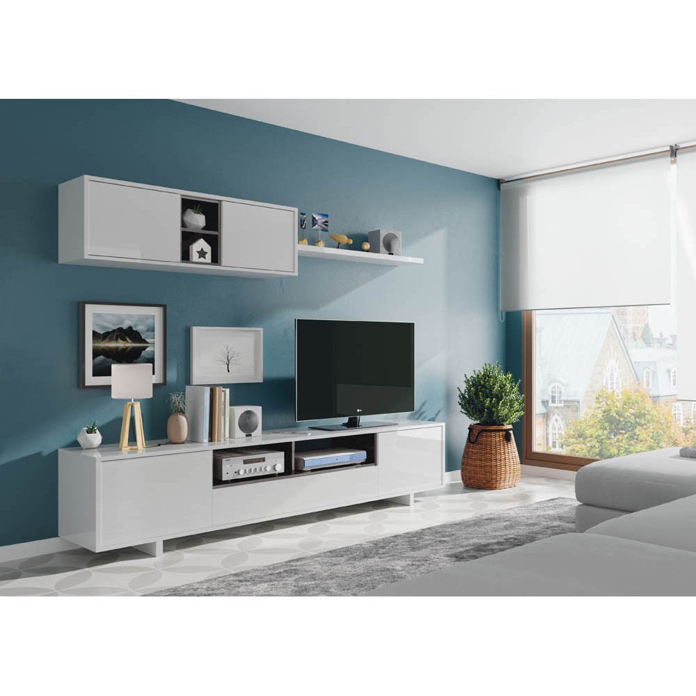 meuble tv et étagère murale 5 portes 4 niches blanc brillant (GiFi-818258X)