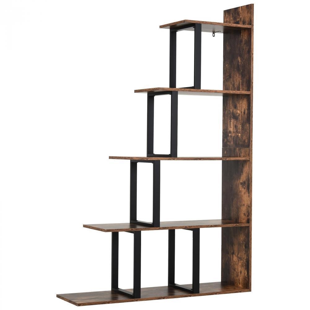 Étagère bibliothèque séparateur de pièce style industriel en escalier 5 étagères dim. 102l x 30l x 160h cm acier noir panneaux particules aspect vieux bois chêne (GiFi-AOS-836-146)
