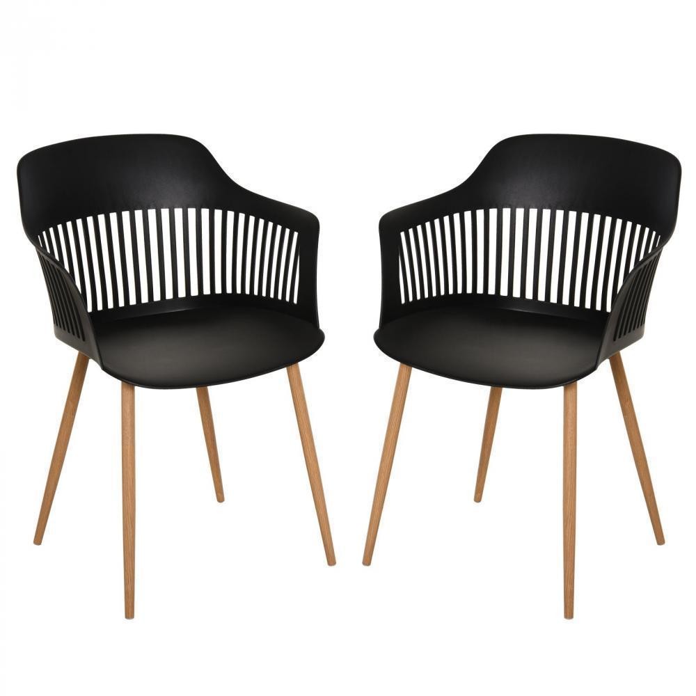 lot de 2 chaises style néo-rétro accoudoirs coque polypropylène noir 4 pieds effilés métal imitation bois (GiFi-AOS-835-196BK)