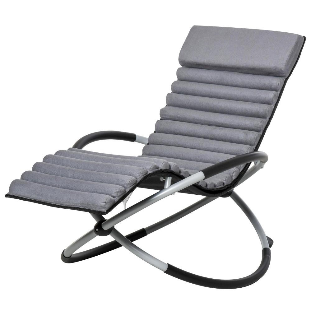 chaise longue à bascule pliable rocking chair design contemporain avec matelas revêtement aspect daim métal textilène gris noir (GiFi-AOS-84A-159)