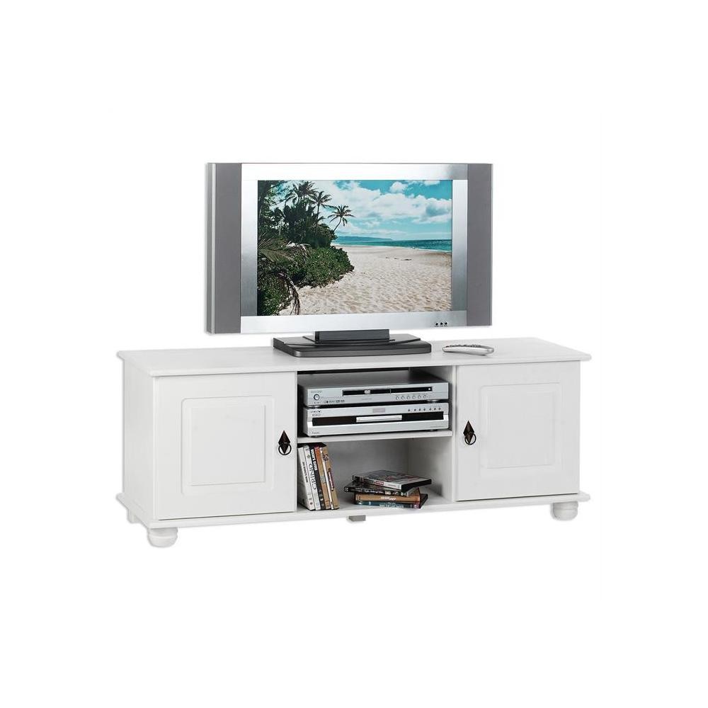 meuble tv en pin belfort 2 portes + 2 niches lasuré blanc (GiFi-MOB-8455)