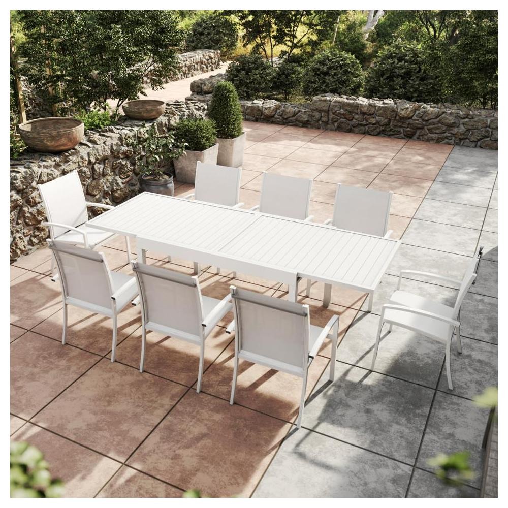 table de jardin extensible aluminium 270cm + 8 fauteuils empilables textile -blanc - andra (GiFi-IMS-GR-T135270B-8CH012B)