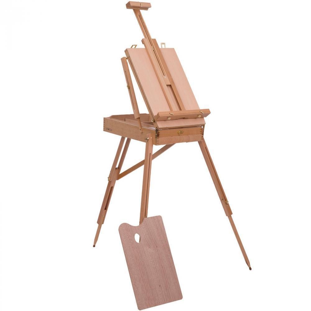 chevalet d'artiste sur pieds pliable mallette de peinture chevalet avec rangement hauteur réglable  bois de hêtre clair (GiFi-AOS-914-001)