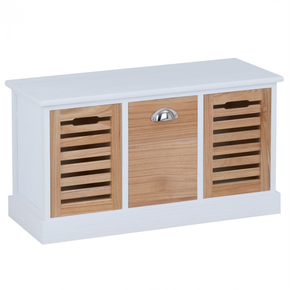 banc de rangement trient meuble bas coffre et 3 caisses de rangement, en mdf et bois de paulownia blanc/naturel (GiFi-MOB-94884)