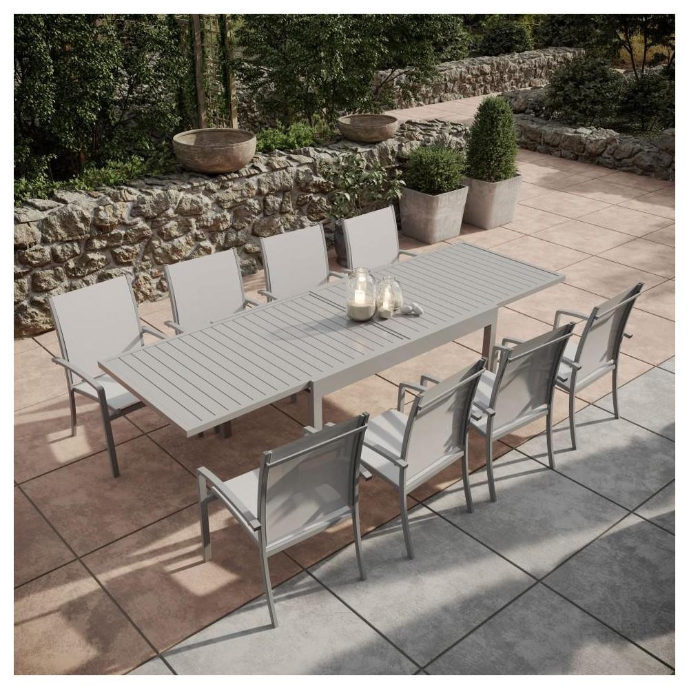 table de jardin extensible aluminium 135/270cm  + 8 fauteuils empilables textilène gris - andra (GiFi-IMS-GR-T135270G-8CH012G)