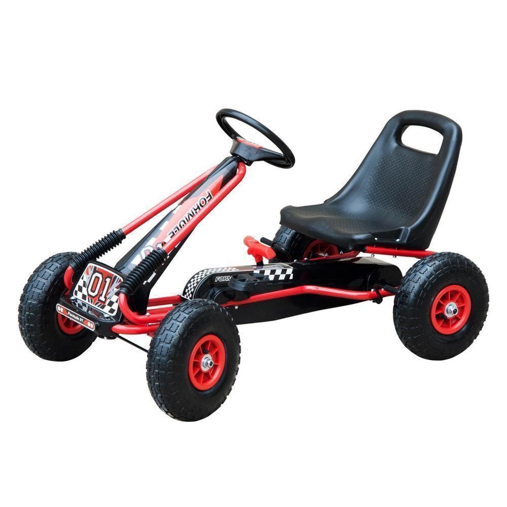 vélo et véhicule pour enfants kart à pédales siège réglable, roues gonflables et frein à main acier plastique rouge et noir (GiFi-AOS-341-006)