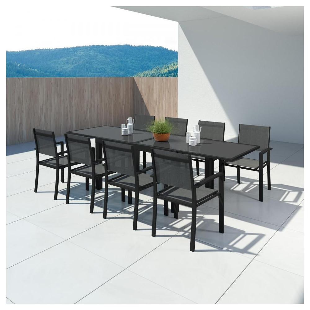 hara xl - table de jardin extensible aluminium 140/280cm  + 8 fauteuils textilène noir (GiFi-IMS-KN-T140280N-4x2CH001N)