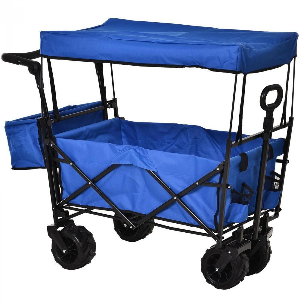 chariot pliant avec toit, poignée, panier - chariot de plage - chariot de transport pliable tout-terrain métal noir oxford bleu (GiFi-AOS-845-327BU)