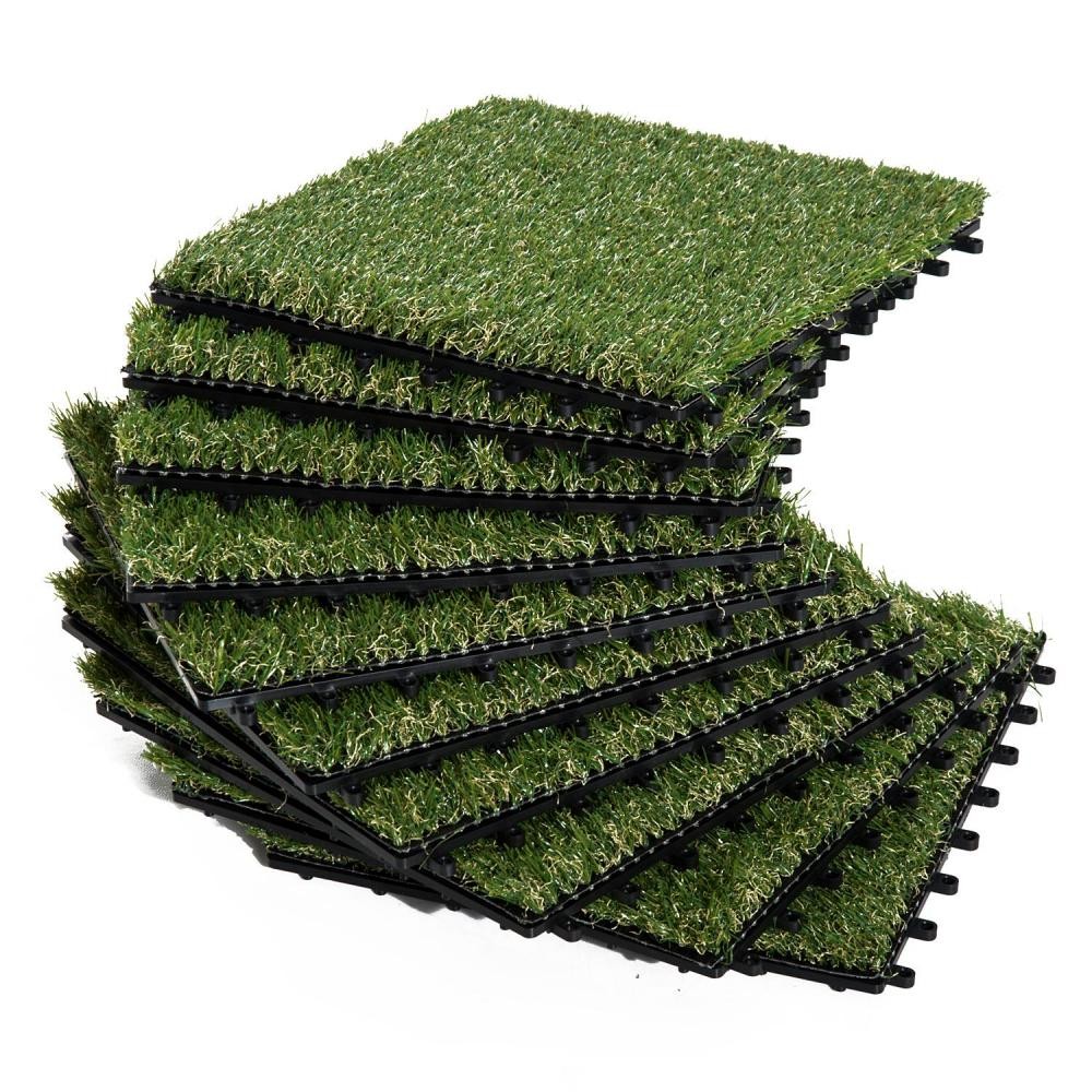 gazon synthétique artificiel set de 10 dalles carreaux 30 x 30 cm épaisseur confort 2,5 cm à emboîter vert (GiFi-AOS-844-126)