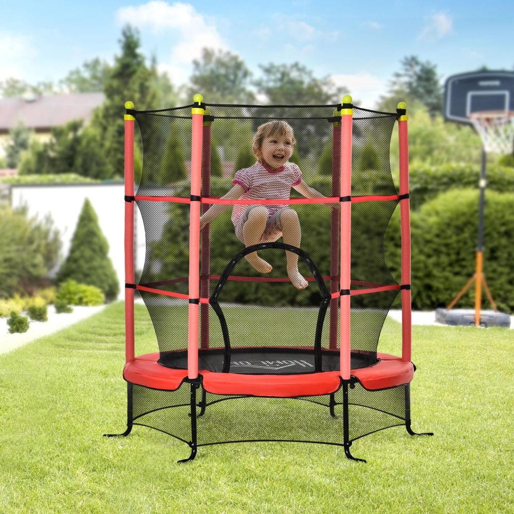 trampoline enfant Ø 1,63 × 1,63h m filet de sécurité porte zipée couvre-ressorts 6 poteaux rembourrés inclus rouge (GiFi-AOS-342-009V01RD)