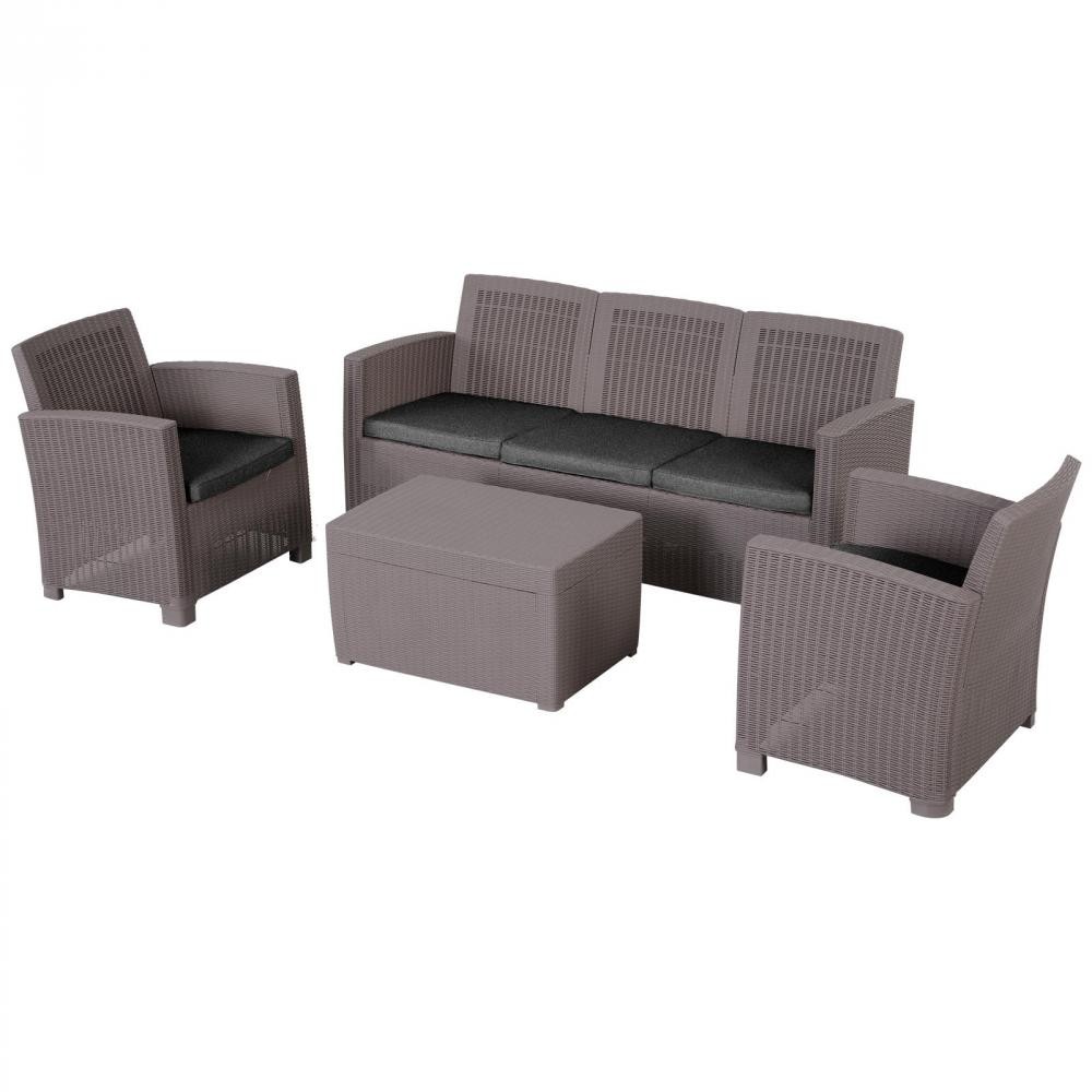 ensemble salon de jardin 5 places grand confort table basse rangement intégré plastique pp imitation rotin noir coussins gris (GiFi-AOS-84B-366)