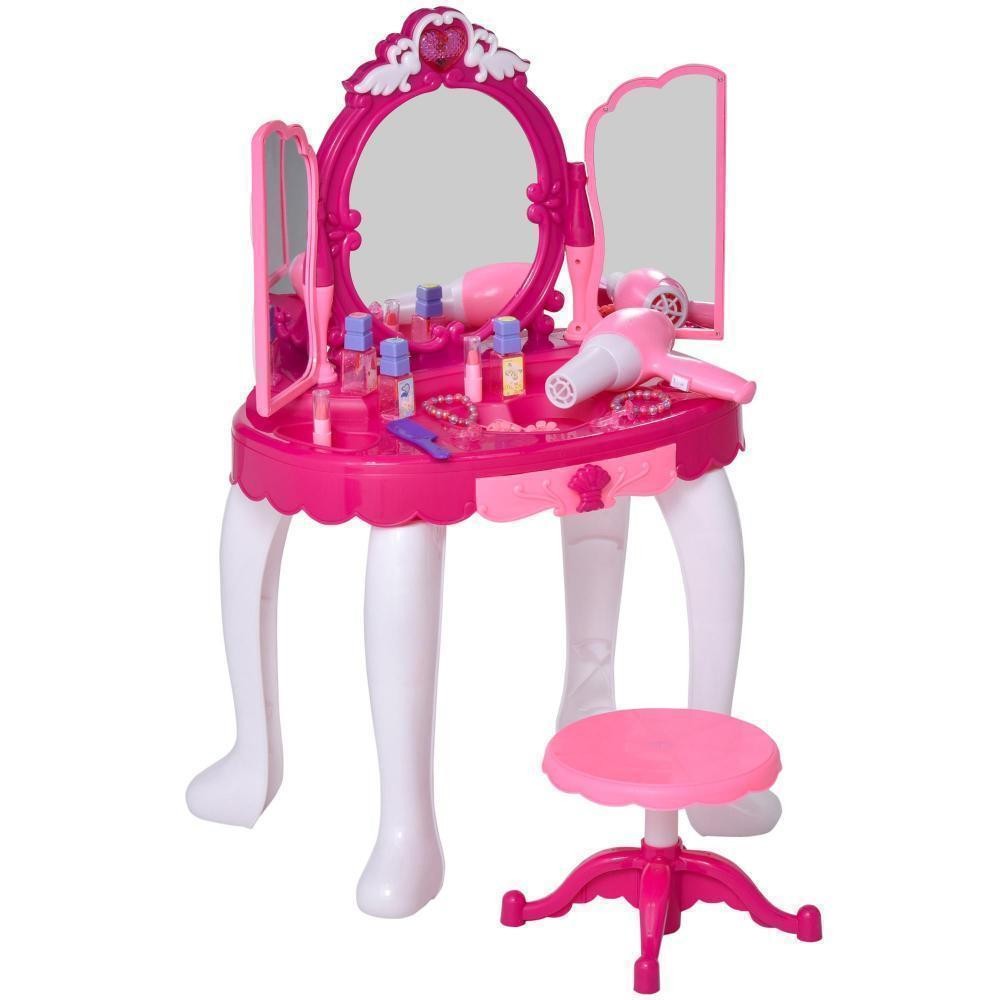coiffeuse enfant table de maquillage fonction de lumière et de musique fuchsia rose blanc (GiFi-AOS-350-068)