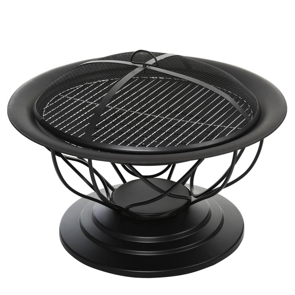 brasero boule de feu cheminée foyer extérieur Ø 75 x 55h cm grille à charbon + cuisson couvercle tisonnier métal noir (GiFi-AOS-842-175)