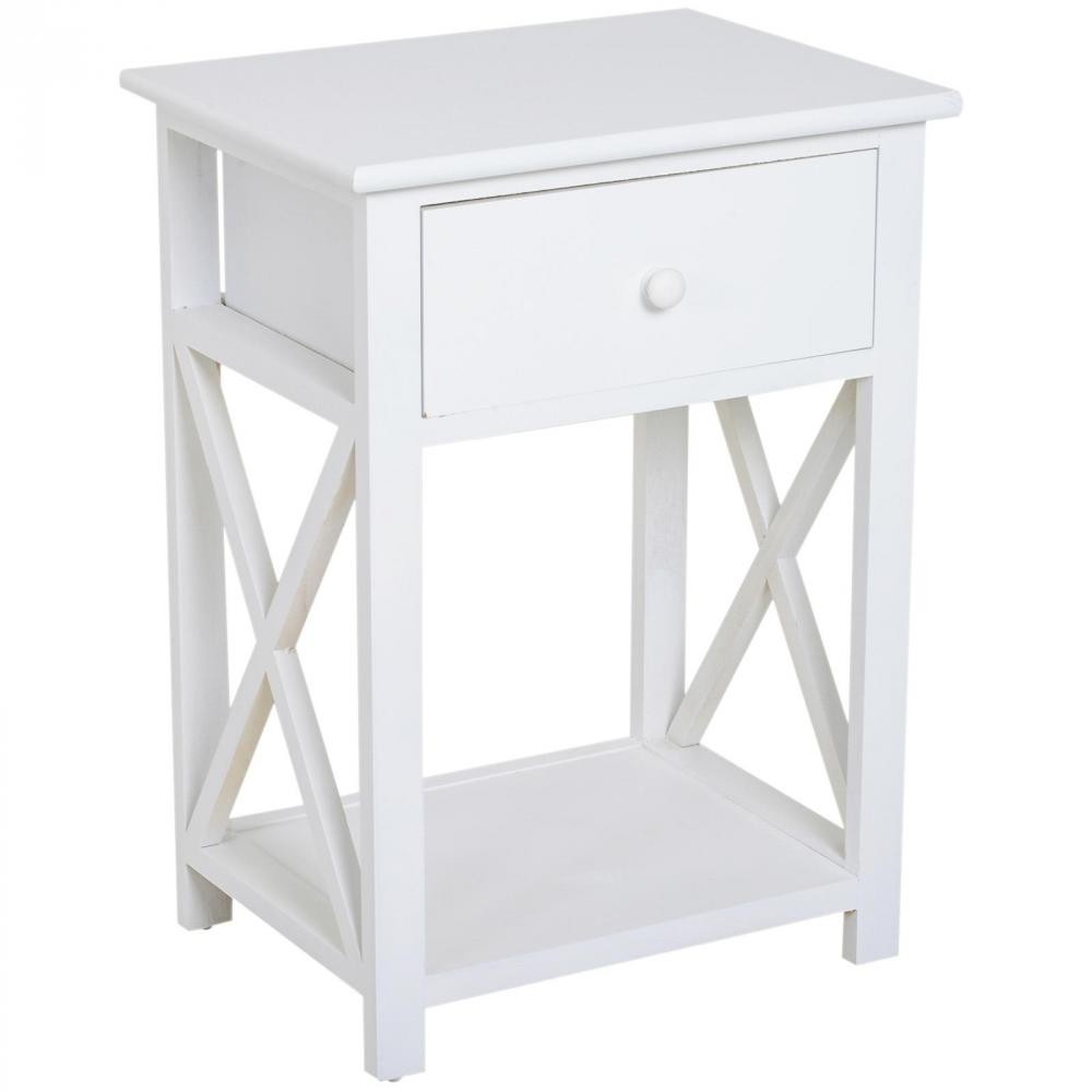 table de chevet table de nuit style cosy avec croix latérales tiroir et étagère bois et mdf blanc (GiFi-AOS-833-239WT)