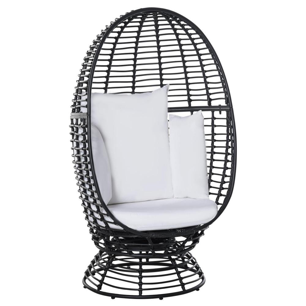 fauteuil rond de jardin fauteuil cocon pivotant grand confort coussins inclus polyester blanc résine tressée noire (GiFi-AOS-867-088BK)
