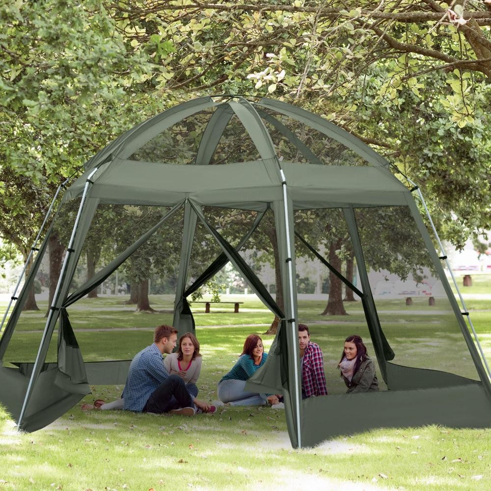 tente de camping familiale 6-8 personnes - tente hexagonale - avec sac de transport et piquets de sol - dim. 493l x 493l x 240h cm fibre verre polyester - vert (GiFi-AOS-A20-222DG)