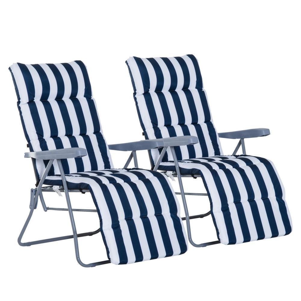 lot de 2 chaise longue bain de soleil adjustable pliable transat lit de jardin en acier bleu + blanc (GiFi-AOS-01-0712)