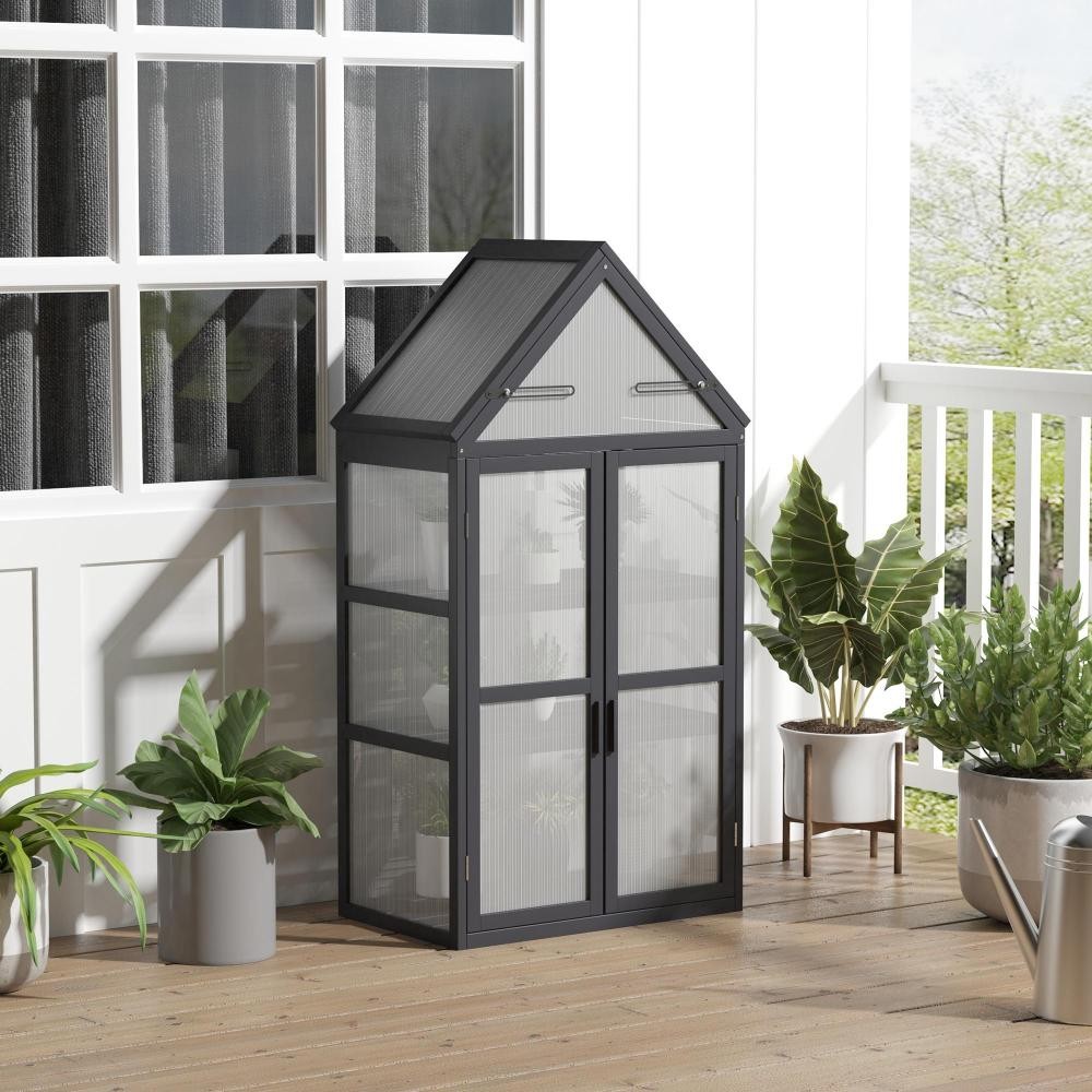 mini serre de jardin en polycarbonate cadre en bois 3 niveaux dim. 70,5l x 42l x 132h cm double porte aérations réglables gris (GiFi-AOS-845-502)