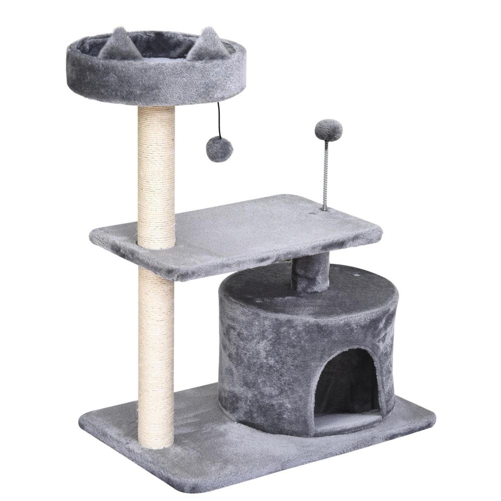 arbre à chats griffoir sisal naturel centre d'activités niche plateformes jeu boule suspendue et à ressort gris (GiFi-AOS-D30-258GY)