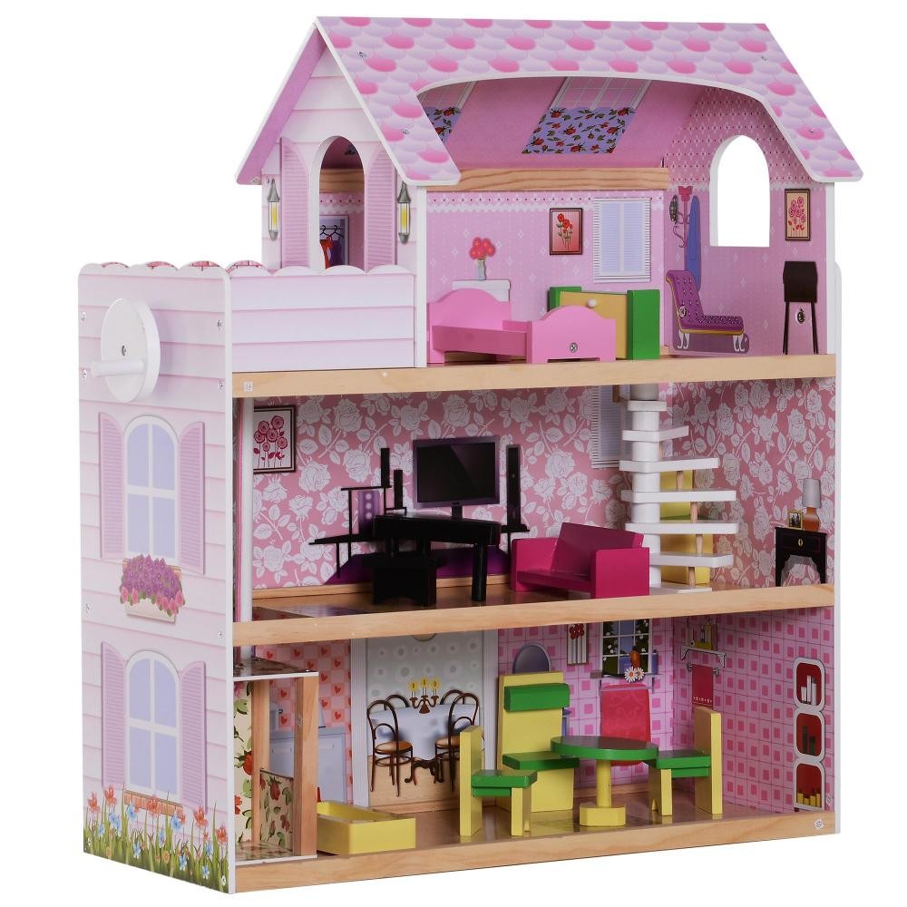 maison de poupée en bois jeu d'imitation grand réalisme multi-équipements 60l x 30l x 72h cm blanc rose (GiFi-AOS-350-034)