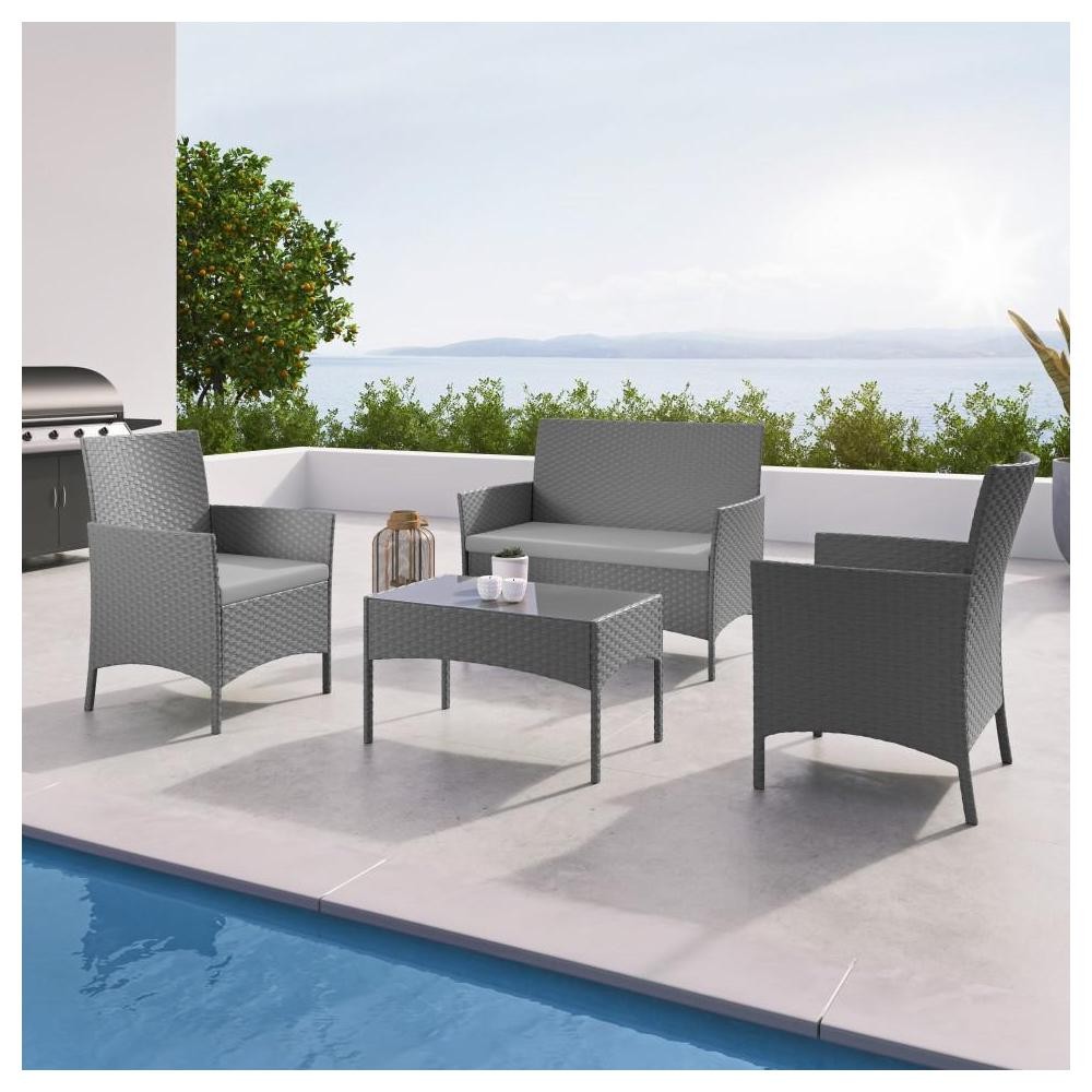 imora - salon de jardin résine tressée gris - ensemble 4 places - canapé + fauteuil + table (GiFi-IMS-CN-FR10015)