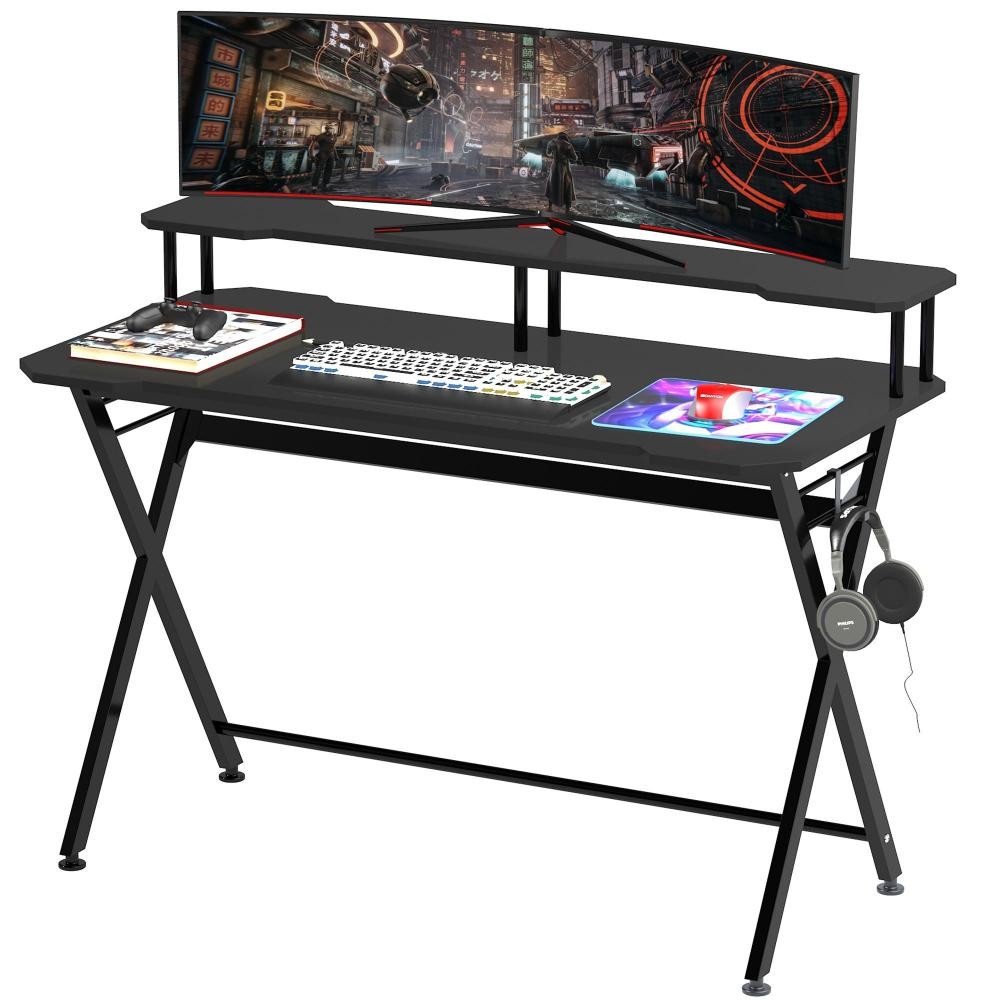 bureau gaming bureau gamer bureau informatique bracket casque grand plateau mdf + étagère écran châssis métal noir (GiFi-AOS-836-204V01)