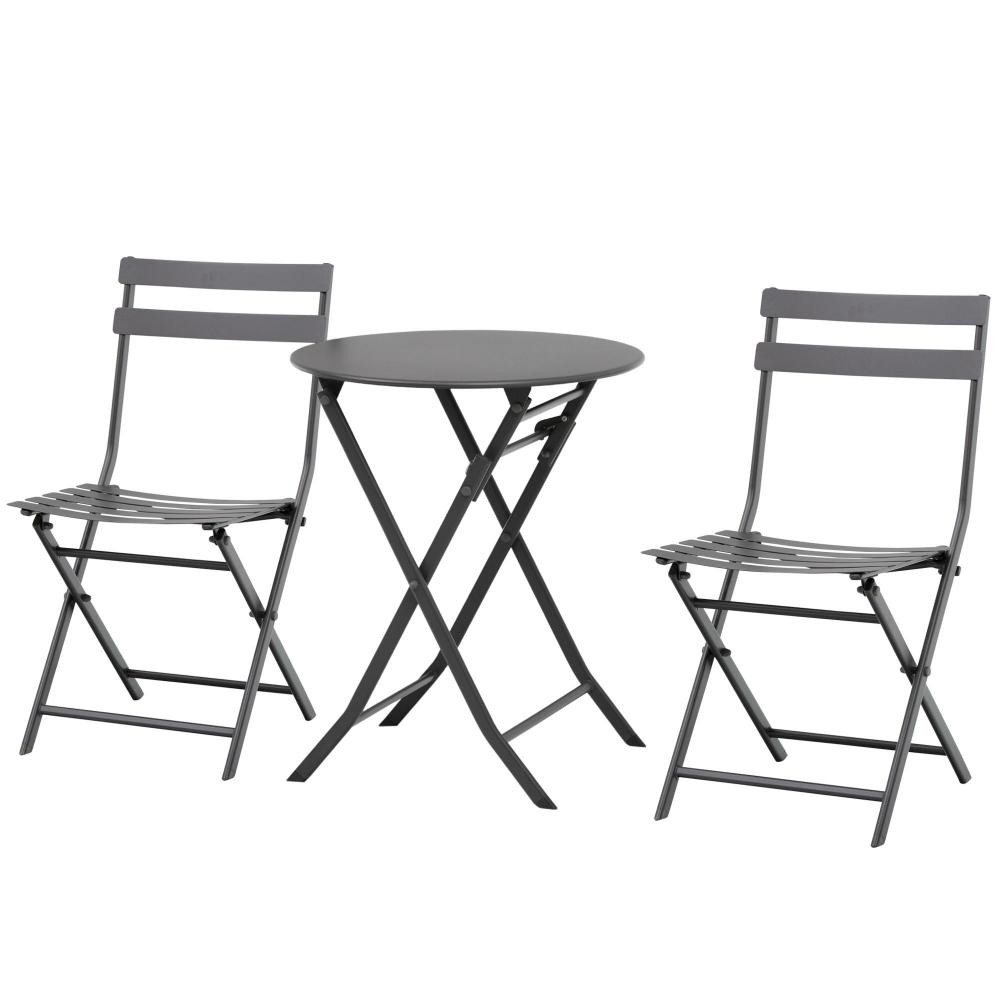 salon de jardin bistro pliable - table ronde Ø 60 cm avec 2 chaises pliantes - métal thermolaqué gris (GiFi-AOS-863-056GY)