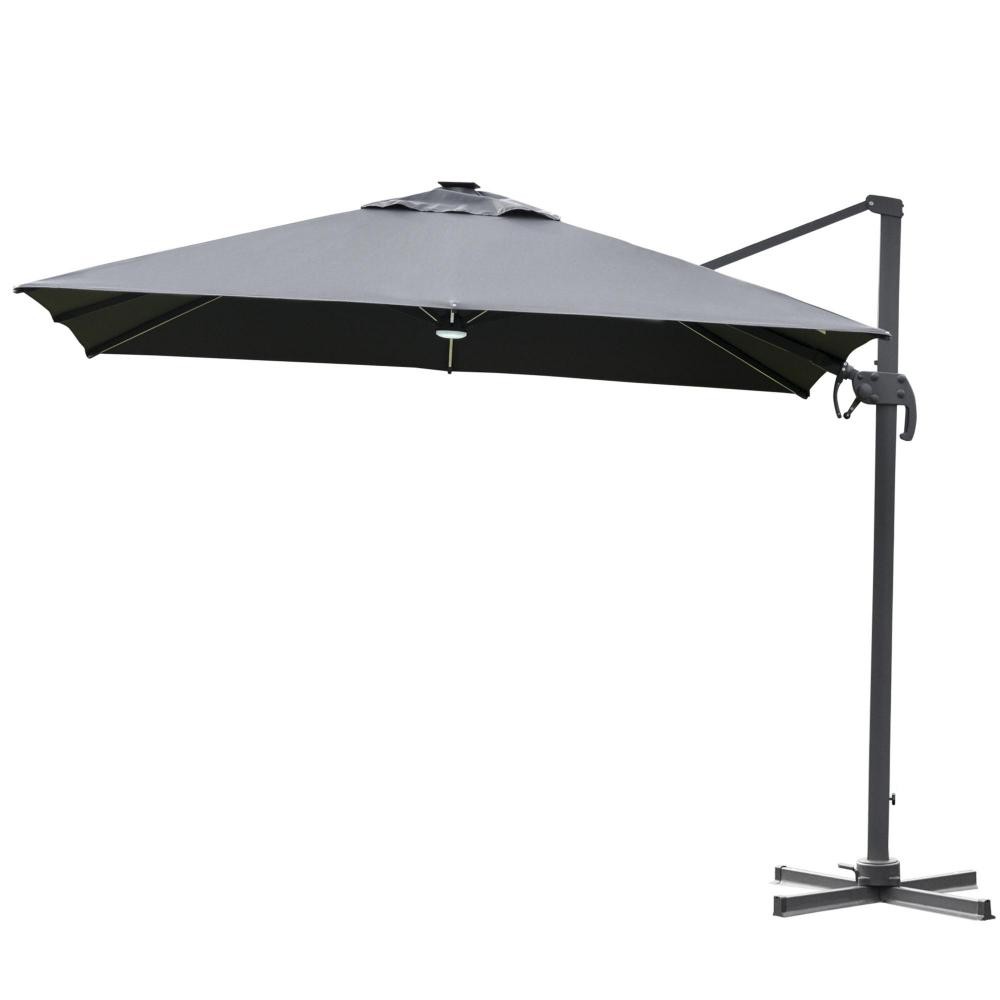 parasol déporté carré parasol led inclinable pivotant 360° manivelle piètement acier dim. 3l x 3l x 2,66h m gris (GiFi-AOS-84D-111CG)