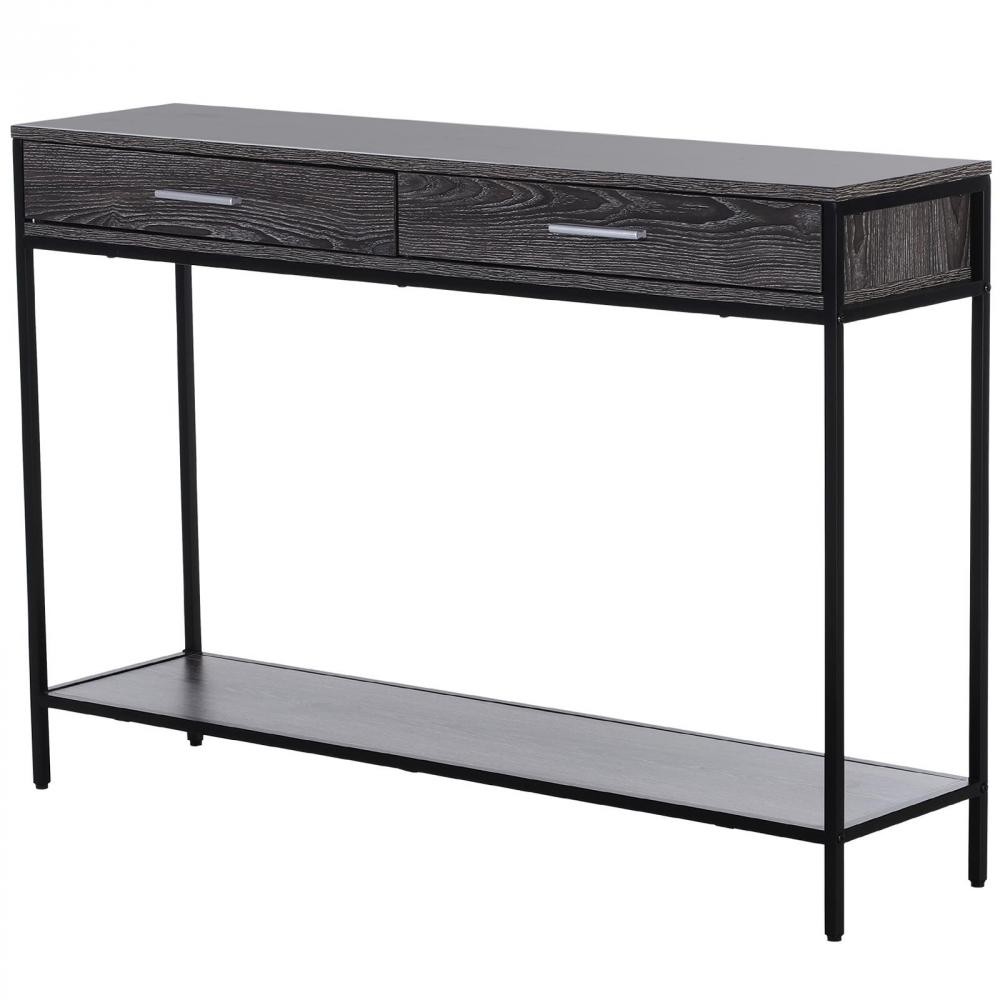 console table d'appoint design industriel dim. 120l x 30l x 81h cm 2 tiroirs étagère acier noir panneaux particules bois gris (GiFi-AOS-837-026GY)