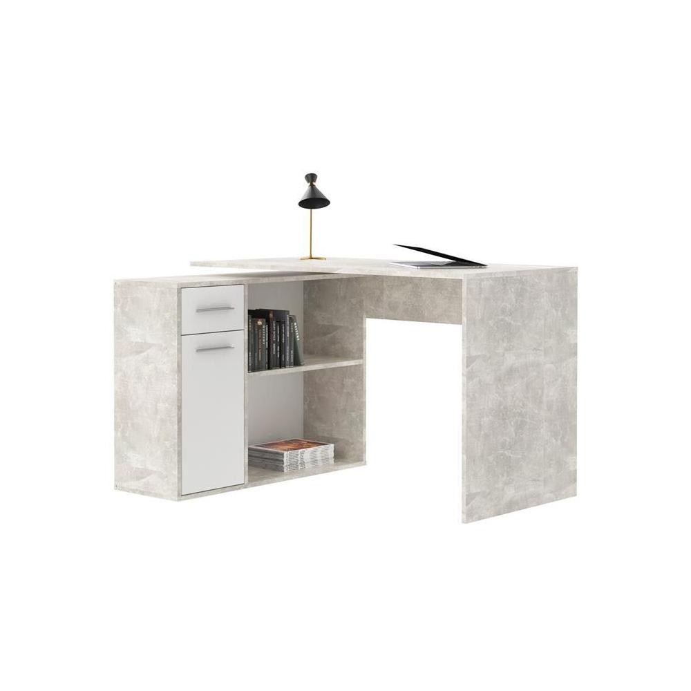 bureau d'angle isotta avec meuble de rangement décor béton et blanc mat (GiFi-MOB-14738)