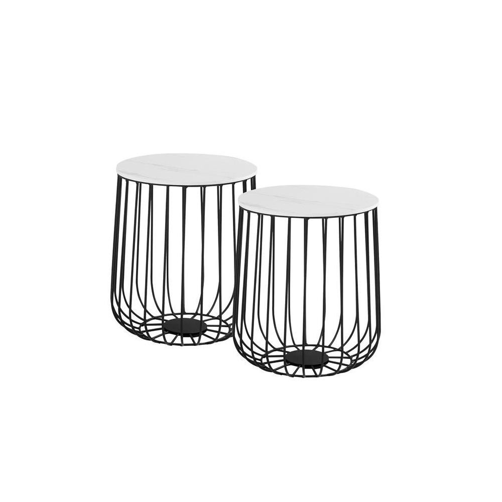 lot de 2 tables d'appoint errano en métal noir et décor marbre blanc (GiFi-MOB-94997)