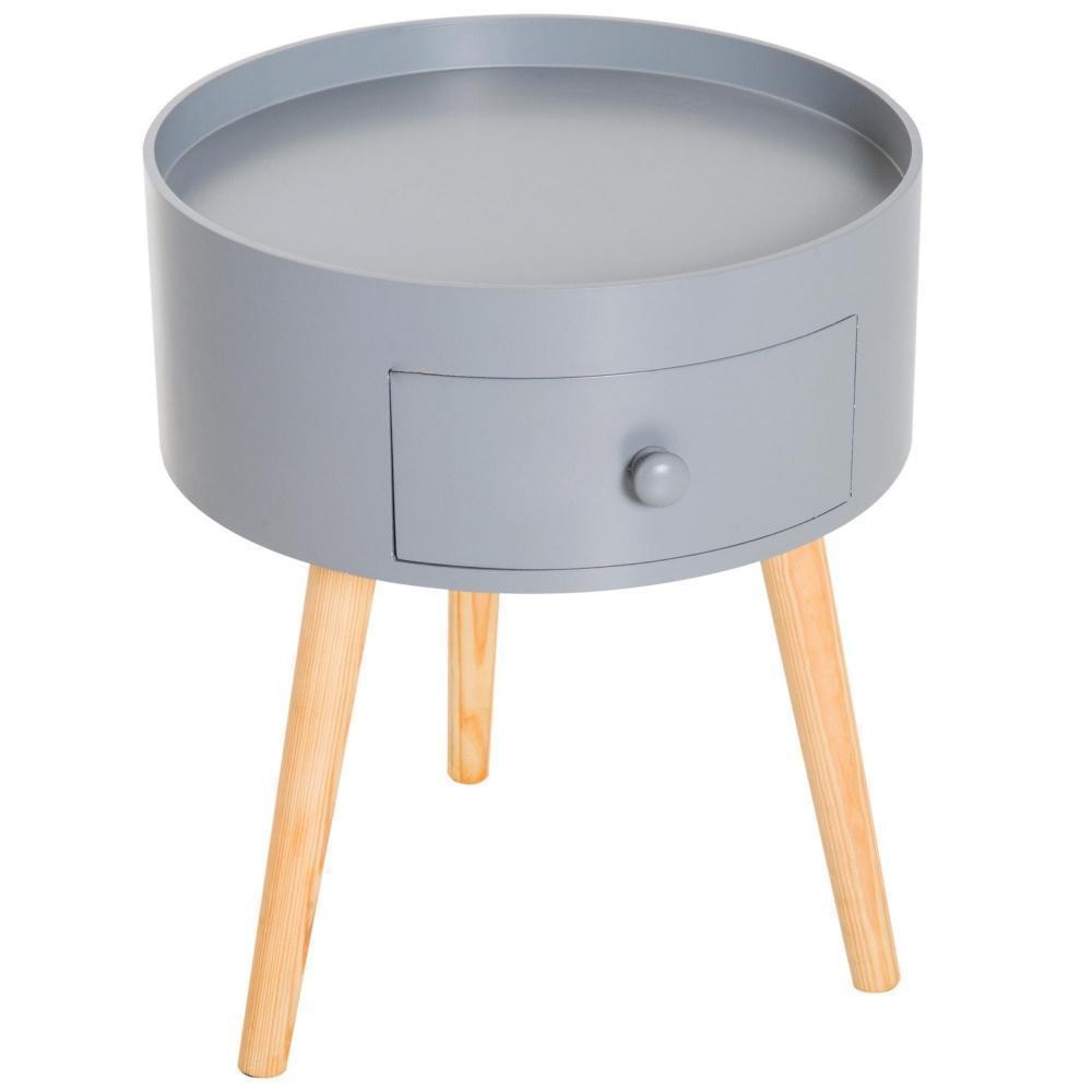 chevet table de nuit ronde design scandinave tiroir bicolore pieds effilés inclinés bois massif chêne clair gris (GiFi-AOS-833-363GY)