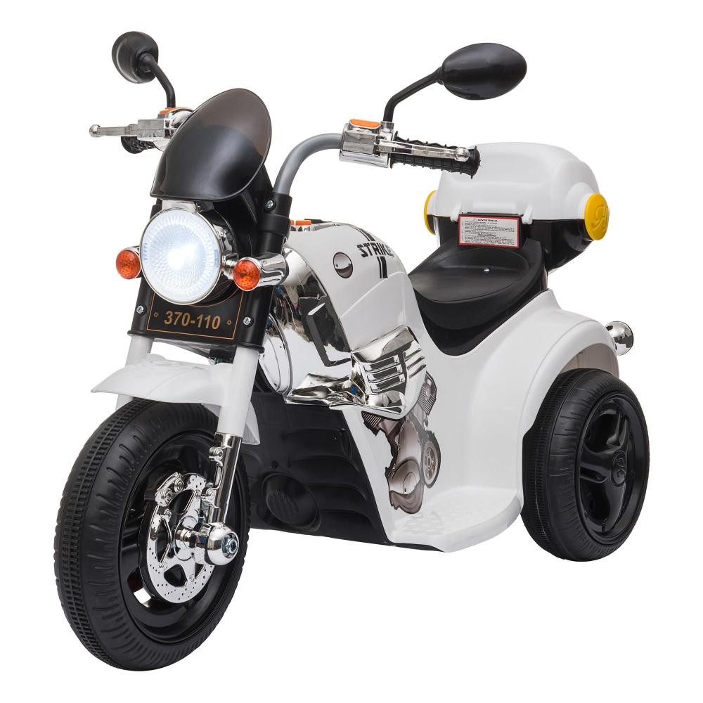 moto électrique pour enfants scooter 3 roues 6 v 3 km/h effets lumineux et sonores top case blanc (GiFi-AOS-370-110V90WT)