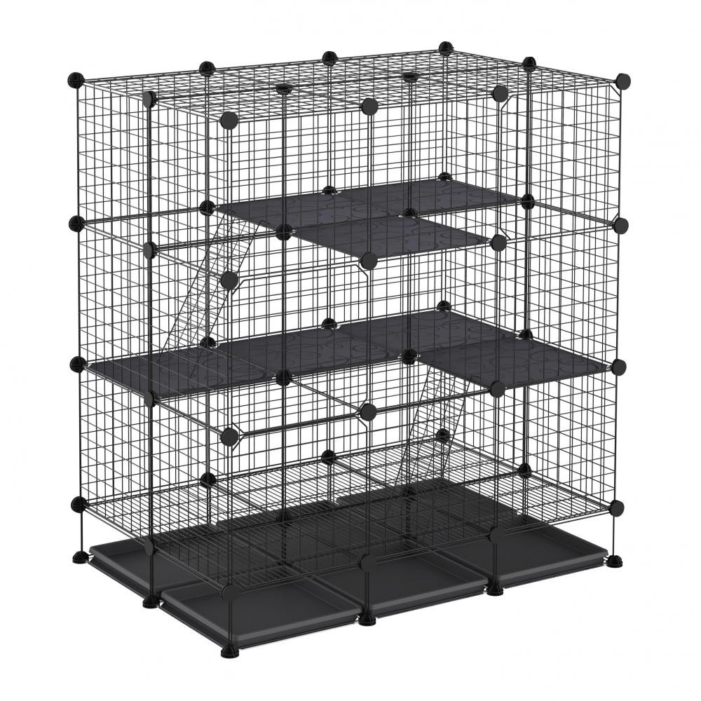cage parc enclos rongeurs modulable dim. l 111 x l 75 x h 119 cm 3 niveaux 4 portes fil métallique noir (GiFi-AOS-D51-163)