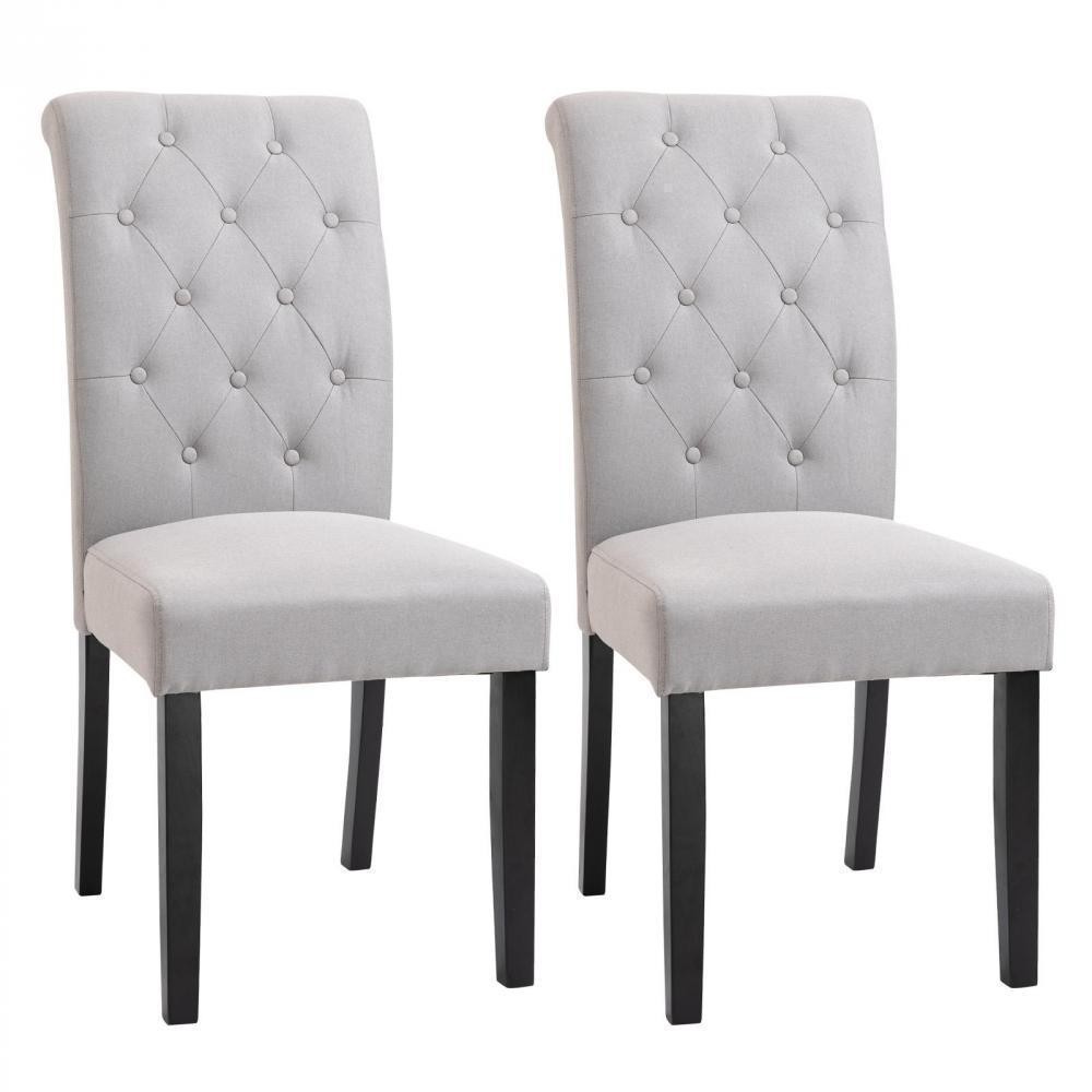 lot de 2 chaises de salle à manger style chesterfield dossier capitonné lin avec boutons gris clair pieds bois noir (GiFi-AOS-835-149)