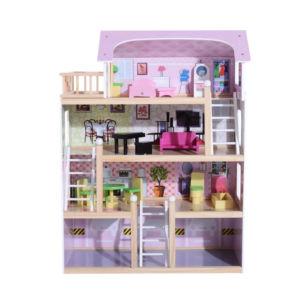 maison de poupée en bois jeu d'imitation grand réalisme multi-équipement 60l x 30l x 80h cm blanc et rose (GiFi-AOS-350-011)