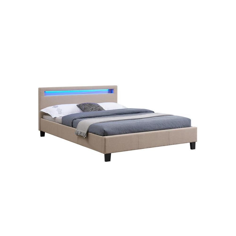 lit double rioja 140 x 190 cm avec led intégrées et sommier revêtement en tissu beige (GiFi-MOB-51366)
