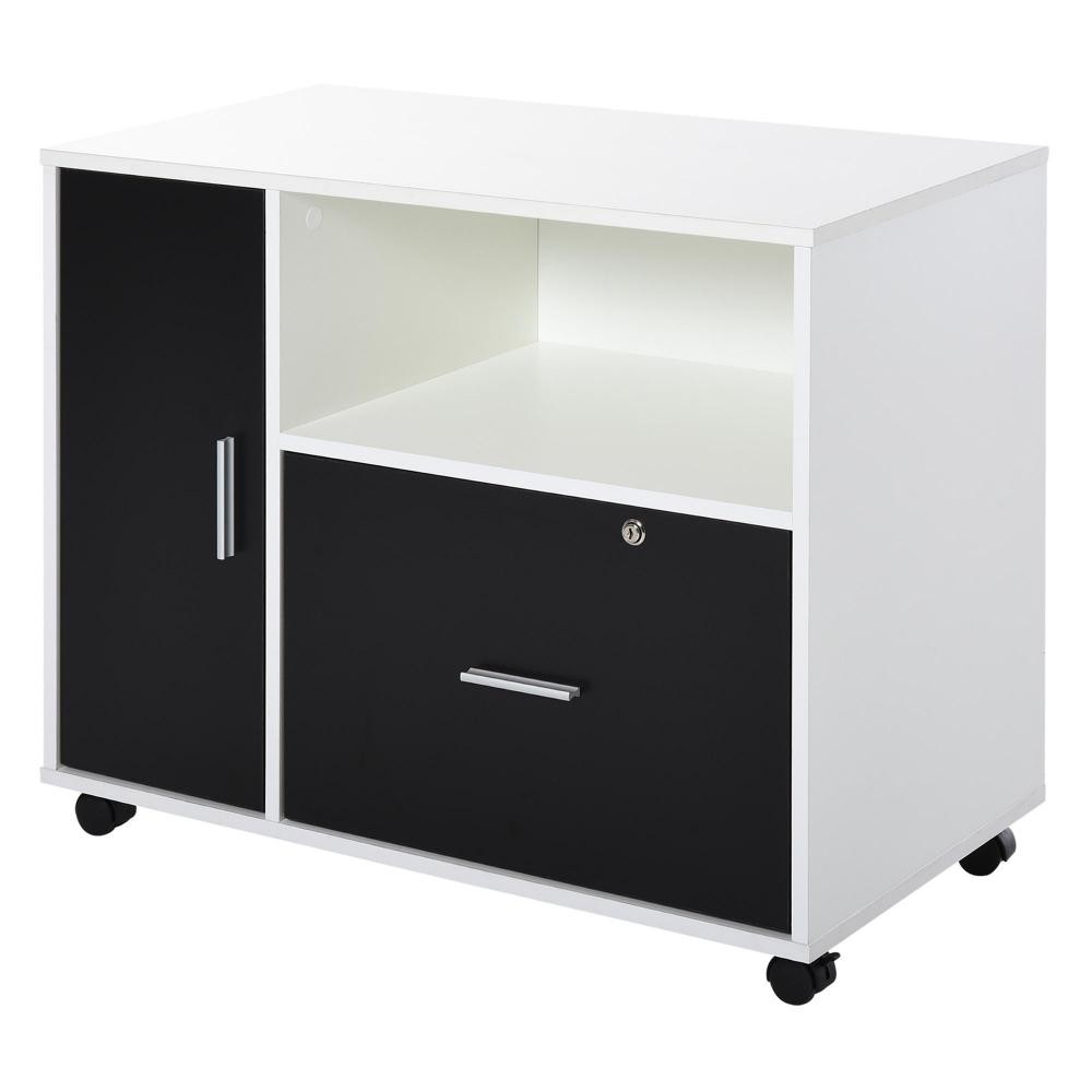 homcom support d'imprimante organiseur bureau caisson placard porte, niche, tiroir verrouillable + grand plateau panneaux particules noir blanc (GiFi-AOS-836-275)