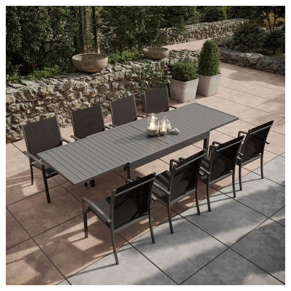 table de jardin extensible aluminium 135/270cm  + 8 fauteuils empilables textilène gris anthracite - andra (GiFi-IMS-GR-T135270N-8CH012N)